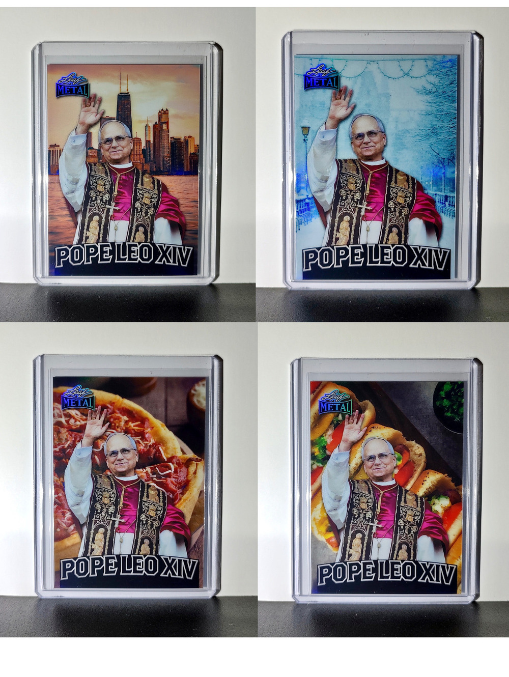 Pope Leo XIV Leaf Metal Cards Set of 4 Pizza / Hot Dog / Skyline / Snow Variants